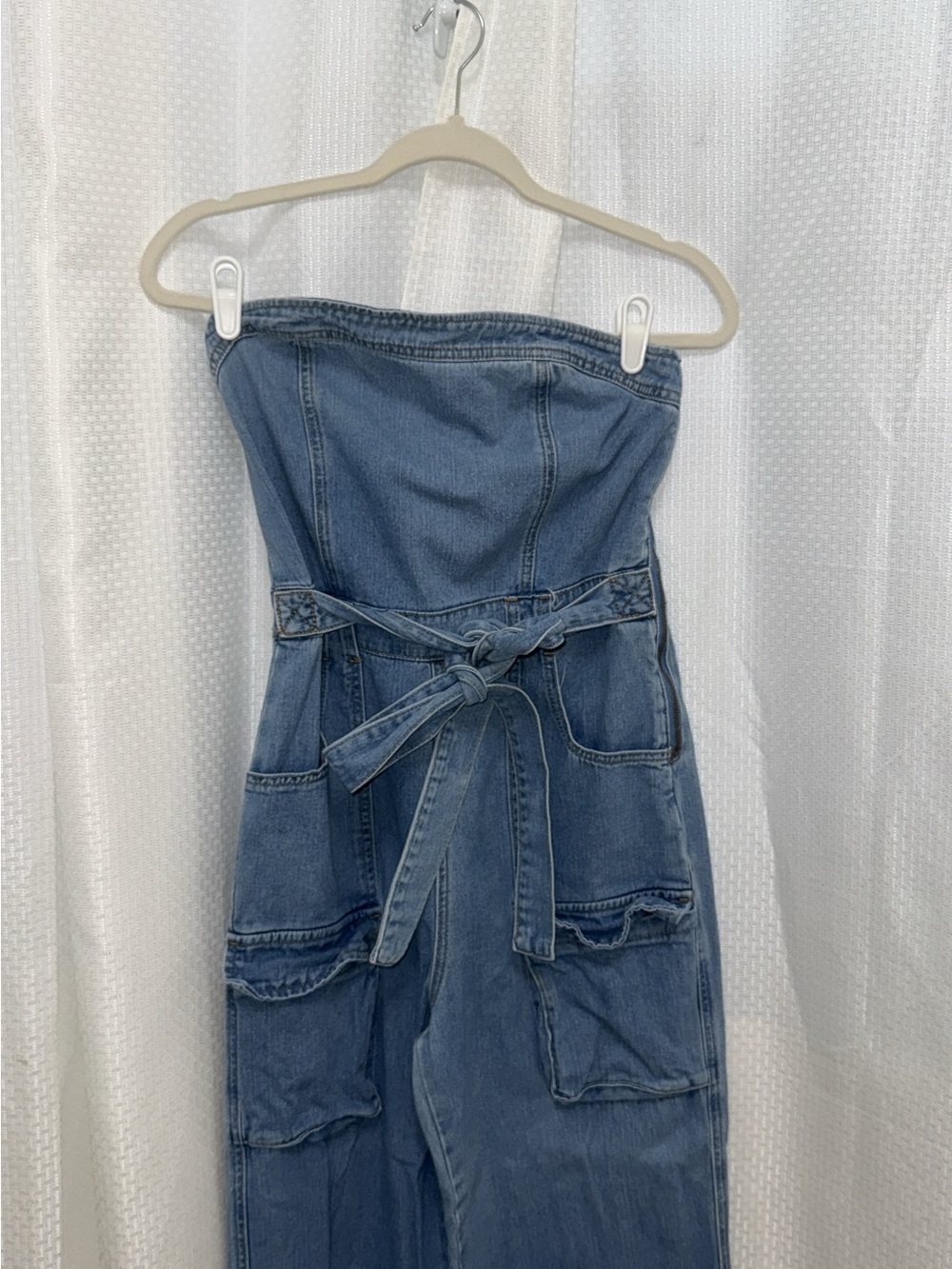 Sincerely Jules Strapless Light Blue Denim Jumpsuit with Tie Waist